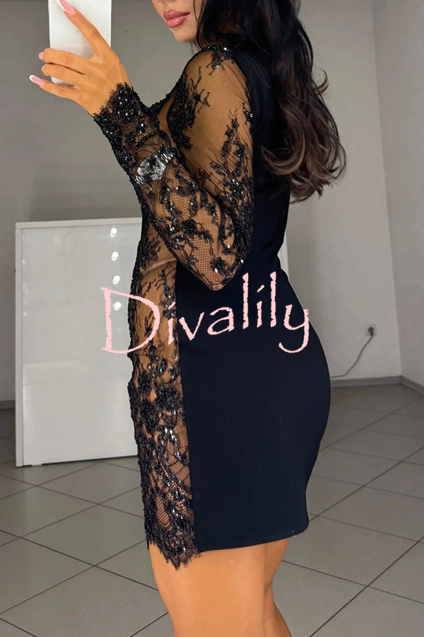 Cocktails First Floral Sequin Bead Patchwork Long Sleeve Mini Dress