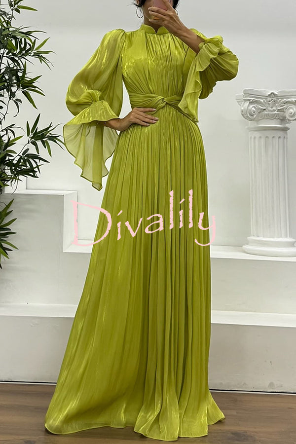 Ellah Shiny Fabric Chinese Stand Collar Twist Waist Balloon Sleeve Maxi Dress