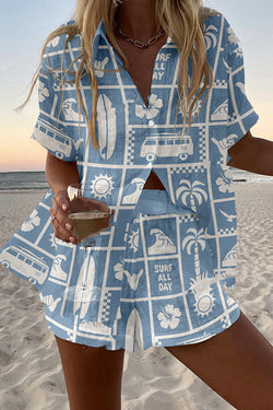 Travel Plaid Print Loose Button Elastic Waist Shorts Set