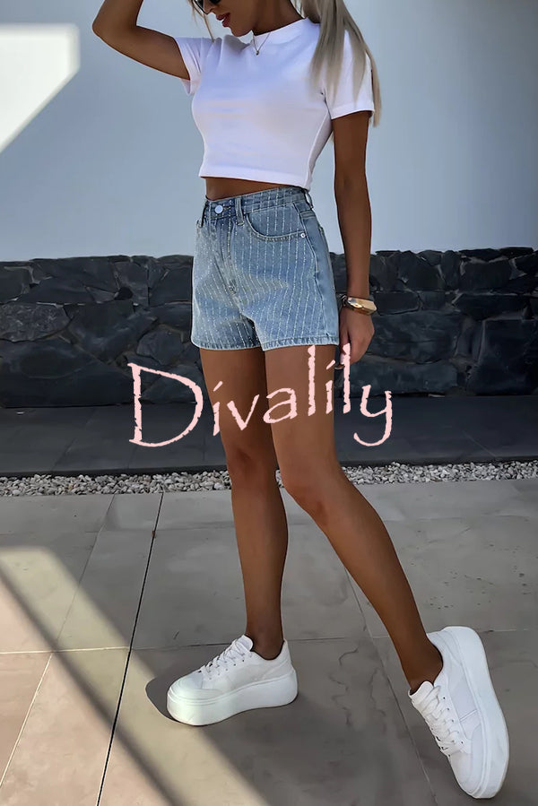 Fashion Rhinestone Loose Pocket Denim Shorts