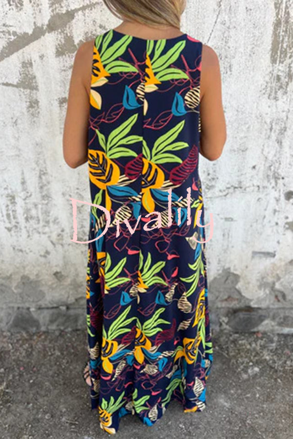 Botanical Print V-Neck Pocket Loose Casual Maxi Dress