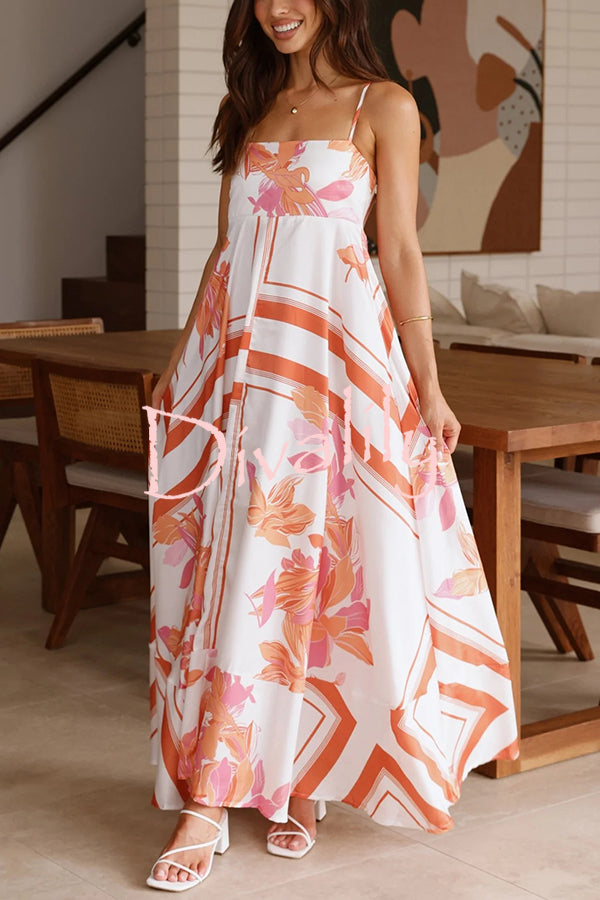 Botanical Print Halter Square Neck Pleated Loose Maxi Dress
