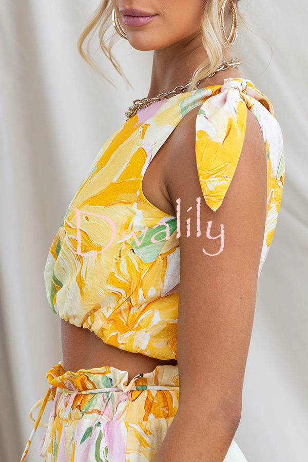 Soleila Floral Print One Shoulder Tie-up Crop Top and Elastic Waist Pocket Loose Pants Set