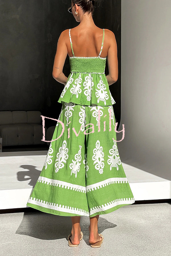 Unique Ethnic Print Suspender Pleated Top and Elastic Waist Loose Wide-leg Pants Set