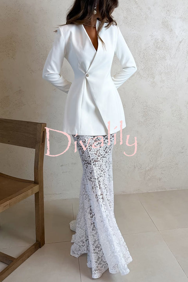 Poetic Muse Floral Lace High Rise Elastic Waist Fishtail Hem Maxi Skirt