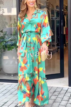 Multicolor Printed Lapel Balloon Sleeves Tie-waist Maxi Dress