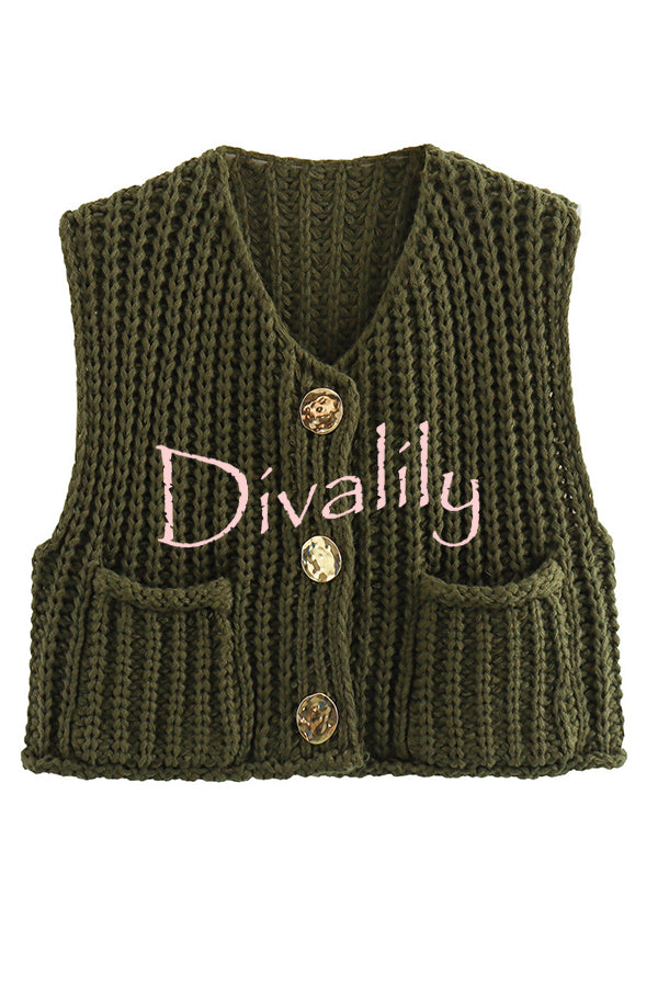 Solid Color Sleeveless Pocket Knitted Vest