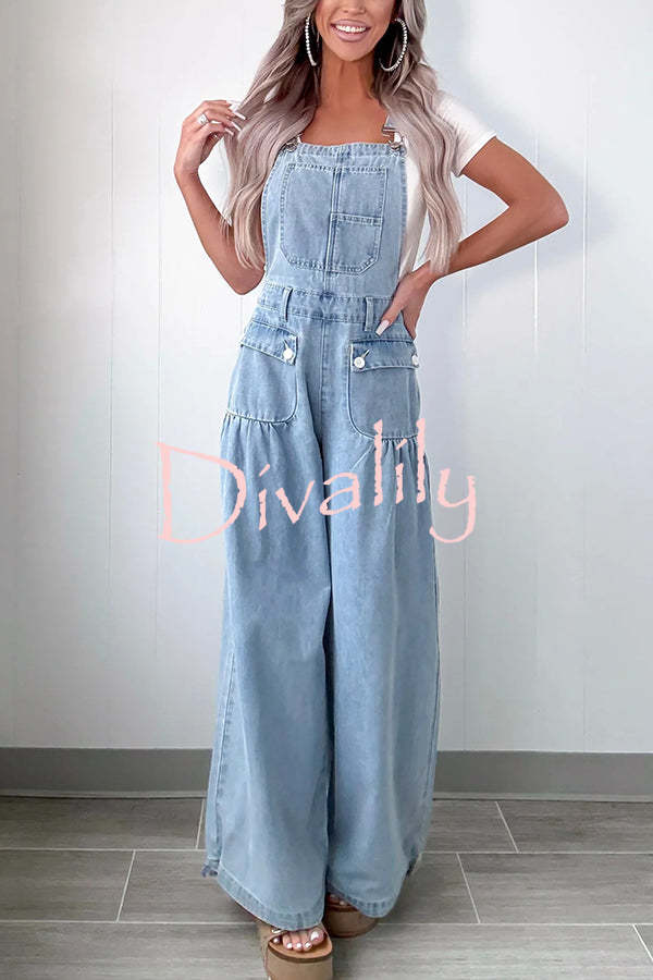 Fashion Casual Pocket Loose Wide-leg Adjustable Leg Cuffs Denim Overalls