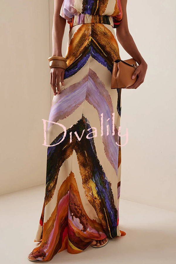 Unique Print Sleeveless Stretch Stand Collar Top and Elegant Maxi Skirt Set