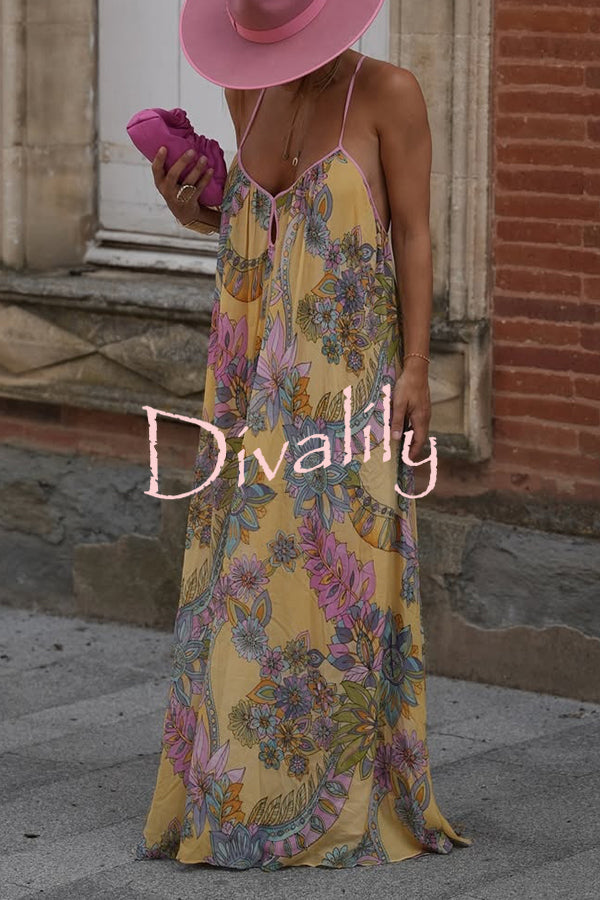Plant Print Halter Back Loose Holiday Maxi Dress