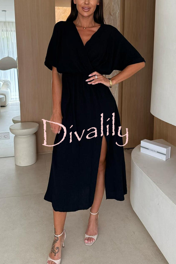 Linen Blend Solid Color V-neck Short Sleeve Waist Loose Slit Midi Dress