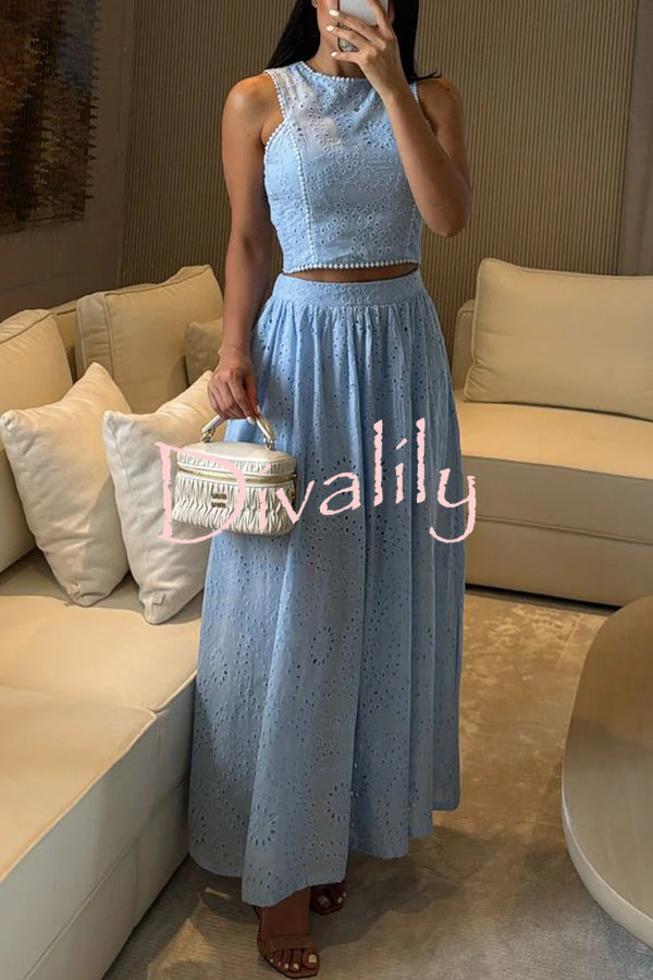 Kaya Embroidery Hollow Lace Back Smocked Tank and Elastic Waist A-line Maxi Skirt Set