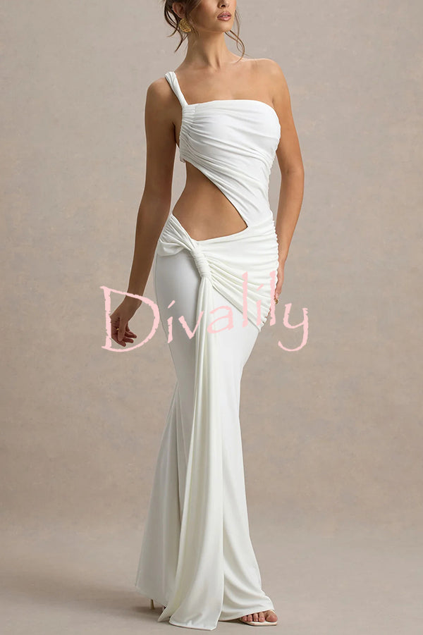 Sexy One-shoulder Backless Ribbon Pleated Slim Maxi Dress