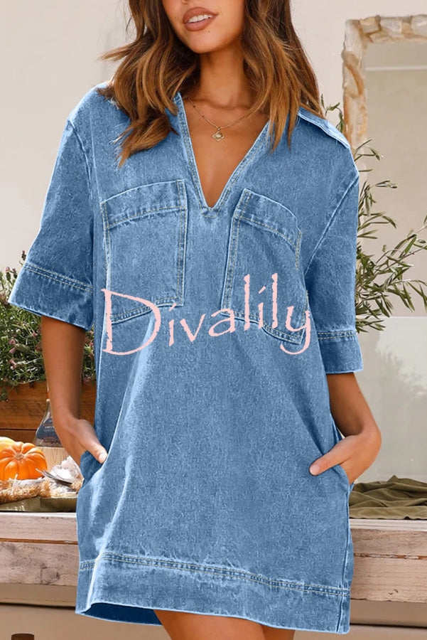 Tara V Neck Pocket Half Sleeve Denim Mini Dress