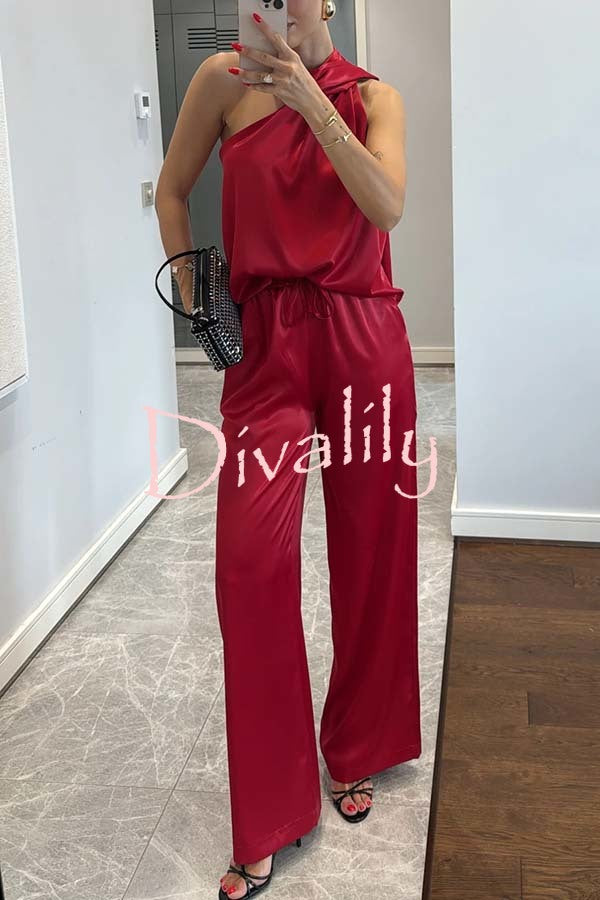 Kelson Satin Drape Neck One Shoulder Top and Elastic Waist Pocket Loose Pants Set