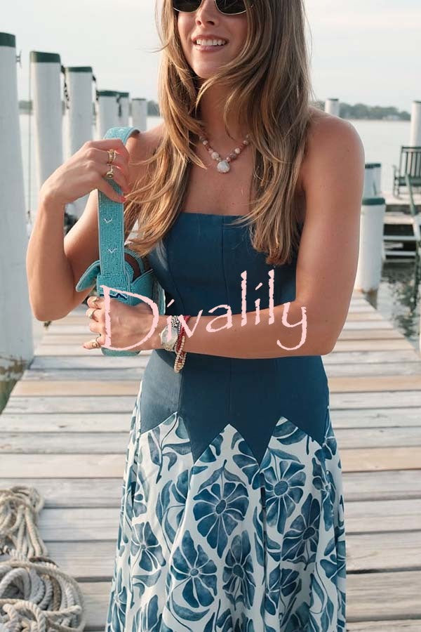 Dottie Colorblock Floral Print Drop Waist Gathered Strapless Maxi Dress