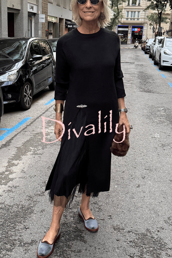 Jollie Knit Long Sleeve Front Slit Midi Sweater and Pleated Tulle Stretch Tank Midi Dress Two-piece Set