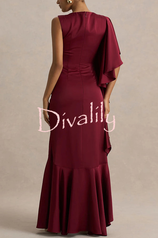 Freya Satin Boat Neck Waterfall Frill Sleeve Drape Maxi Dress
