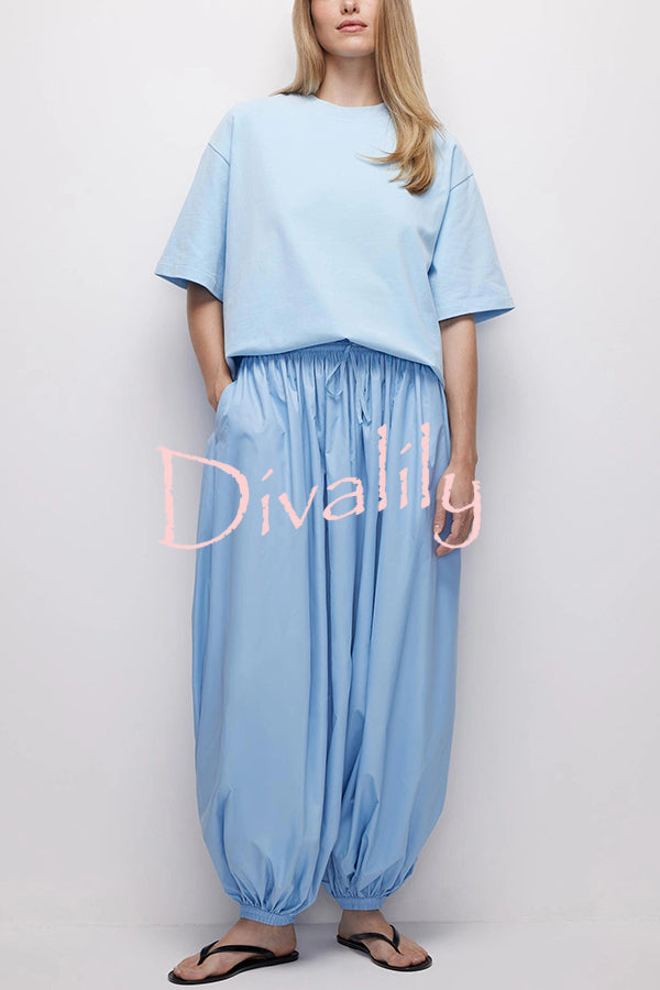 Solid Color Casual Pocket Elastic Waist Lantern Wide Leg Pants