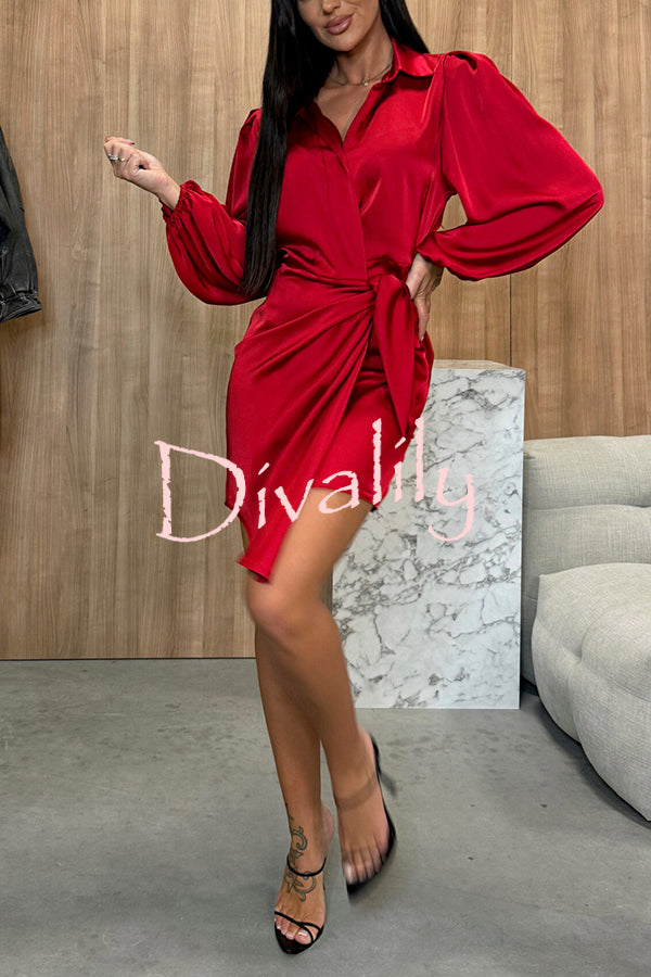 Solid Satin Long Sleeve Tie Waist Irregular Mini Dress