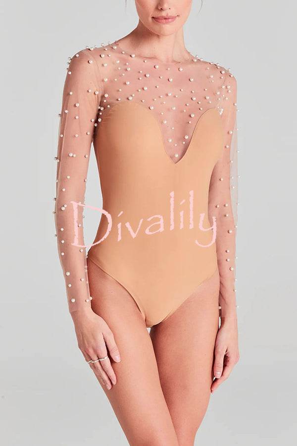 Romantic and Versatile Pearl Mesh Stitching Lycra Long Sleeve Stretch Bodysuit