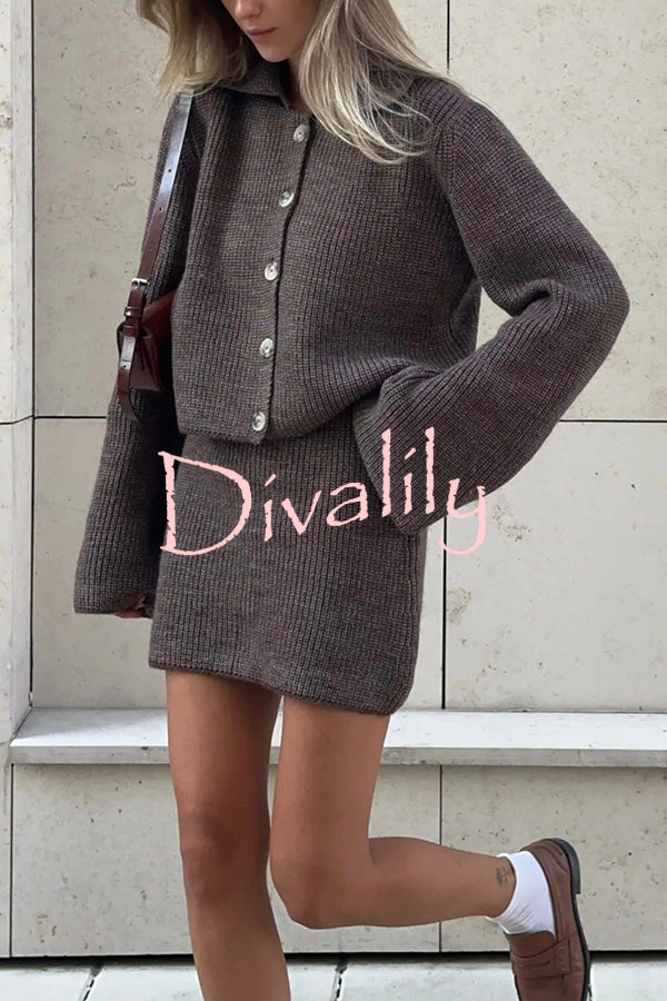 Fashion Lapel Bell Sleeve Knitted Cardigan and Casual Mini Skirt Set