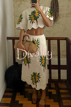 Parrot Print Round Neck Loose Crop Top and Elastic Waist Pocket Casual Midi Skirt Set