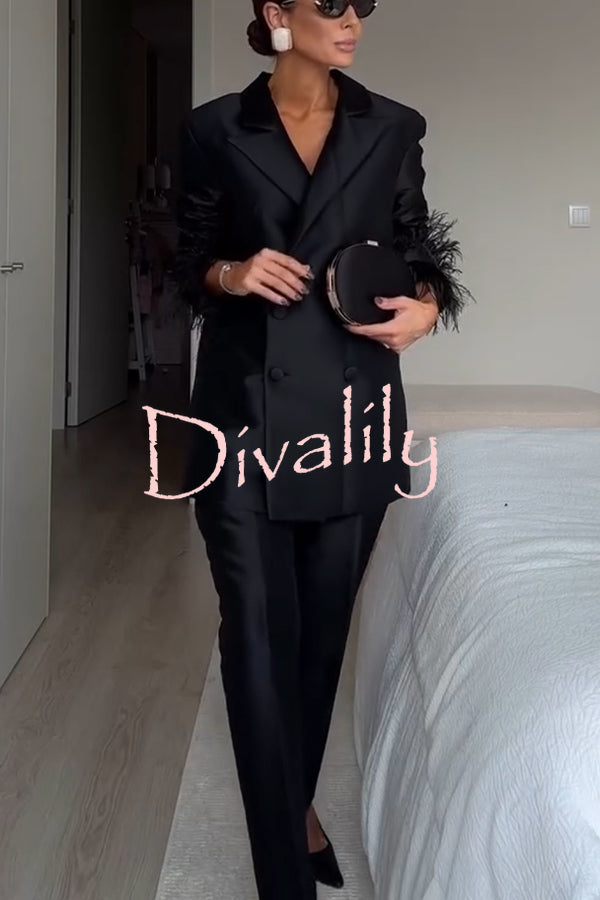 Chic Affair Satin Feather Trim Lapel Loose Blazer and High Rise Pocket Tapered Pants Set