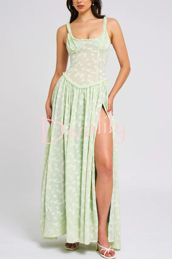 Garden Elf Lace Jacquard Textured Square Neck High Slit Maxi Dress