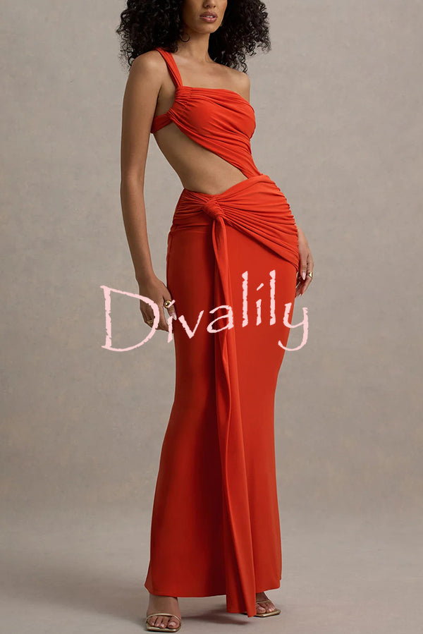 Sexy One-shoulder Backless Ribbon Pleated Slim Maxi Dress