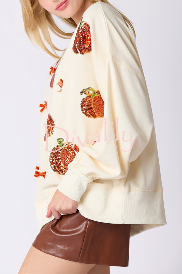 Halloween Colorful Pumpkin Embroidered Loose Casual Sweatshirt