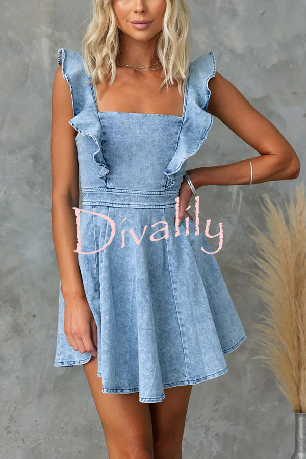 Sweet Secret Denim Square Neck Ruffle Sleeve Stretch Mini Dress