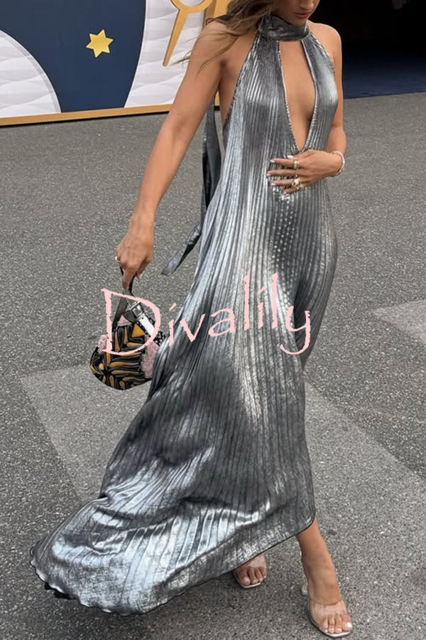Celebration Party Pleated Metallic Fabric High Deep V-cutout Halter Neck A-line Maxi Dress