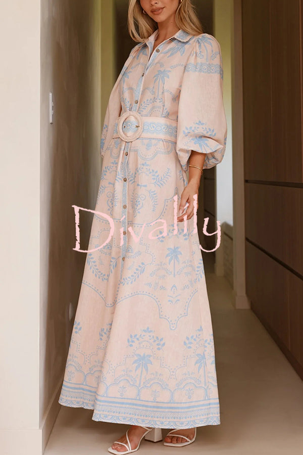 Linen Blend Lapel Puff Sleeve Casual Waist Belted Maxi Dress