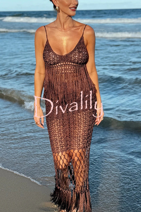 Malia Crochet Knit Hollow Out Tassle Trim Back Tie-up Cover-up Tank