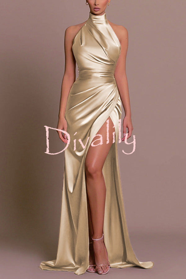 Satin Sexy Halter Neck Sleeveless High Slit Slim Maxi Dress