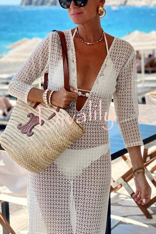 Beach Life Crochet Lace U-neck Half Sleeve Vacation Maxi Dress