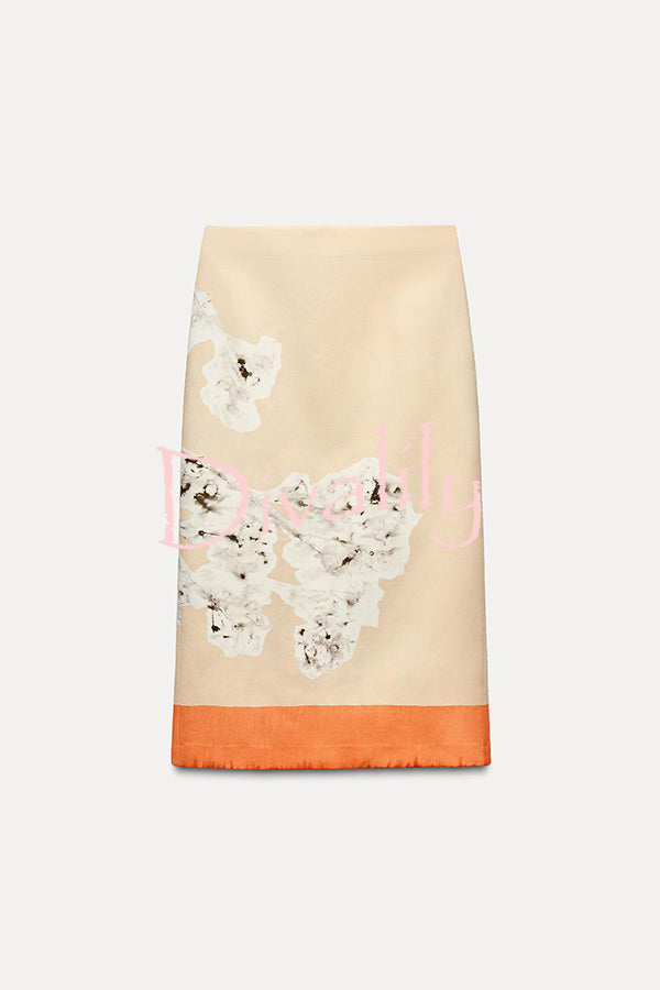 Avani Linen Blend Flower Print High Rise Pencil Slit Midi Skirt