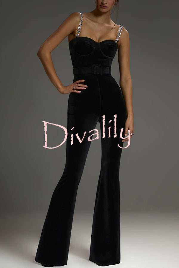 Eliza Luxurious Velvet Fabric Jewel-embellished Shoulder Straps Belted Flare Jumpsuit