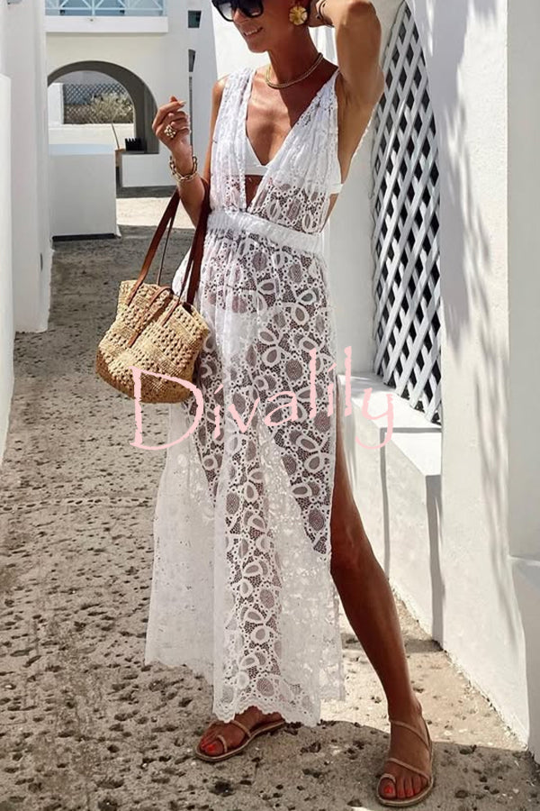 Swimsuit Partner Floral Lace Elastic Waist Back Ruffles Slit Vacation Dress