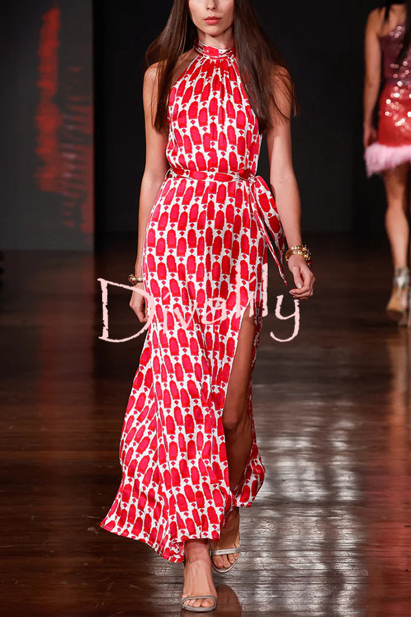 Unique Printed Sleeveless Halterneck Tie-waist Slit Maxi Dress