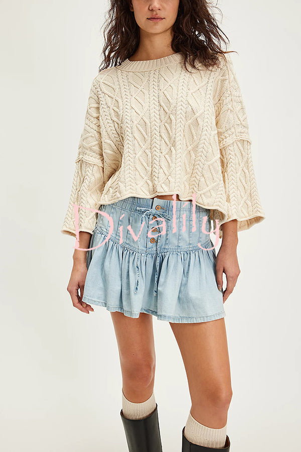 Solid Color Elastic Waist Button Tie Denim Mini Skirt