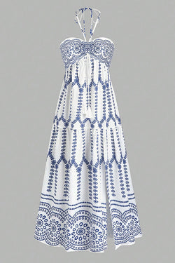 Bohemian Holiday Style Unique Print Halter Neck Tie Slit Midi Dress