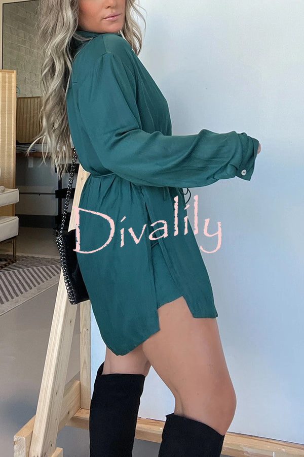 Solid Color Long Sleeve Button Casual Shirt-Style Rompers