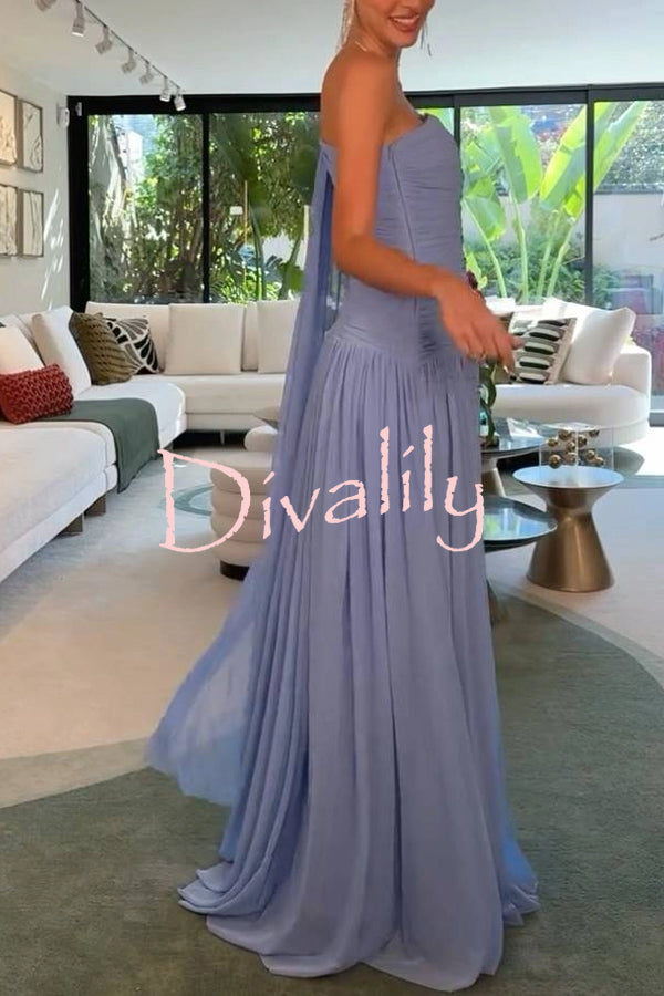 End of Light Chiffon One Shoulder Single-sleeve Shawl Ruched Maxi Dress