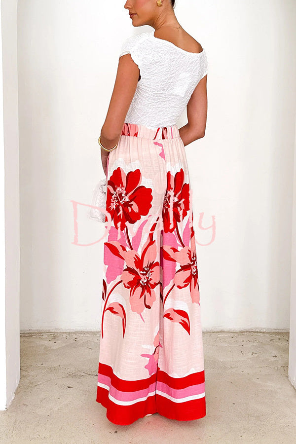 Floral Print Elastic Waist Casual Wide Leg Pants