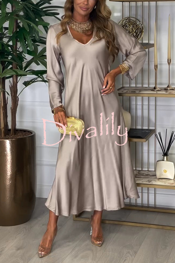 Solid Color V-neck Long-sleeved Loose Draped Maxi Dress