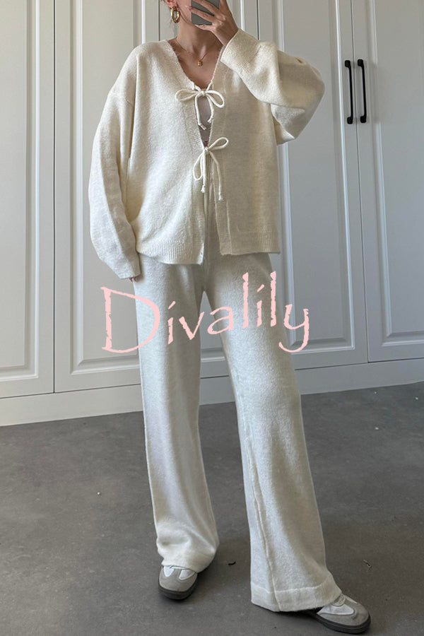 Solid Color V-neck Tie Long-sleeved Loose Knit Cardigan and Elastic Waist Casual Straight Leg Pants Set