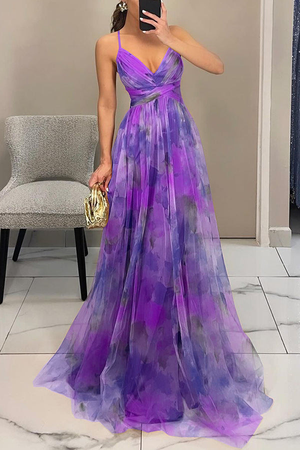 Giselle Tulle Render Floral Print Cutout Waist Back Lace-up Maxi Dress