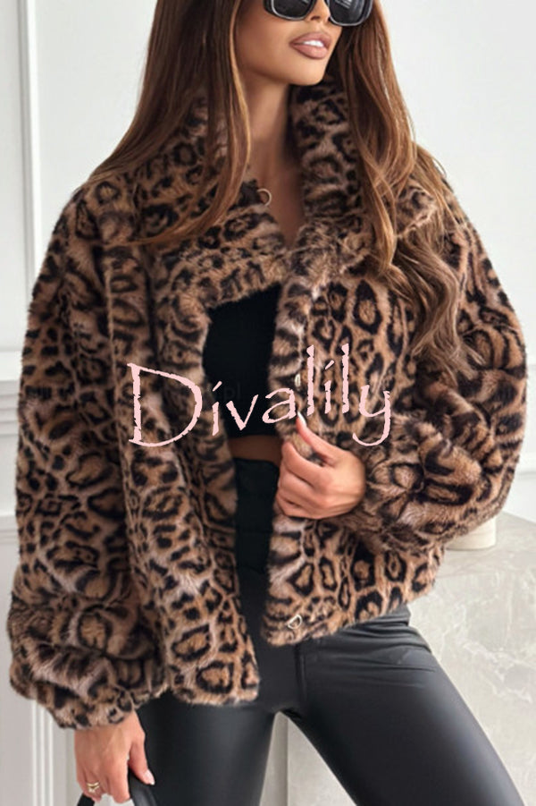 Stylish Leopard Print Lapel Long Sleeve Short Coat